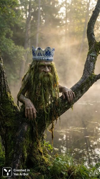 Водяной в стиле Гжель: таинственный дух славянских вод. Картинка из нейронной сети Nano Banana