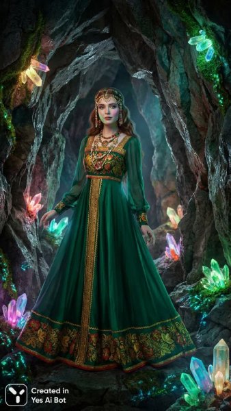 Властная хозяйка медной горы в изумрудном платье и стиле хохломы. Нейросеть Nano Banana