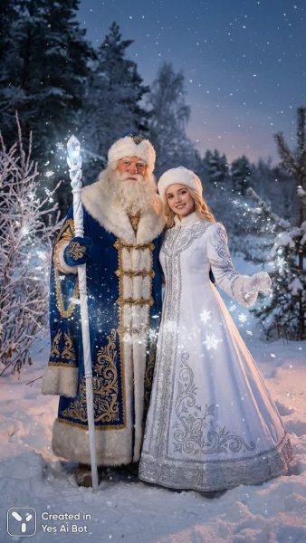 Зимняя сказка: Дед Мороз и Снегурочка в волшебном пейзаже. Картинка из нейронной сети Nano-Banana