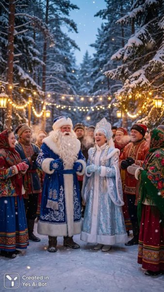 Волшебство русской зимы: Дед Мороз и Снегурочка в сказочном лесу. Картинка из нейронной сети Нано Банана