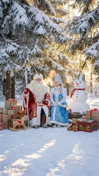 Зимняя сказка с Дедом Морозом и Снегурочкой: волшебство русской зимы на фото. Изображение из нейронной сети NanoBanana