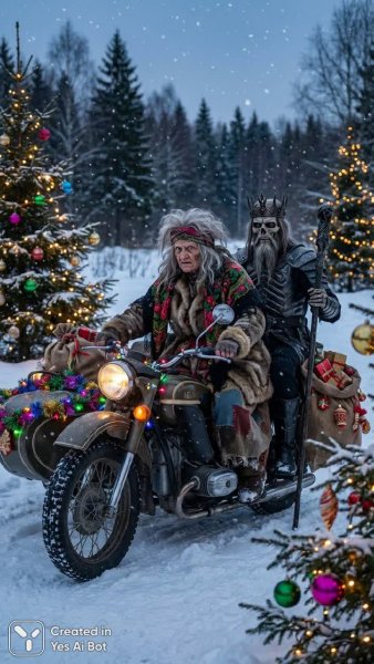 Новогодняя сказка на мотоцикле: Баба Яга и Кощей Бессмертный. Генерация из нейросети NanoBanana