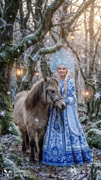 Снегурочка и коничок: волшебство зимнего леса в профессиональной фотографии. Картинка из нейросети Нано Банана