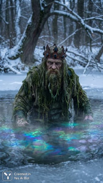 Водяной из волшебного пруда: зимняя сказка и мистические отражения. Картинка из нейросети Nano Banana