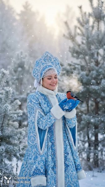 Снежная дева с малиновкой: волшебство славянской зимы и профессиональная красота. Генерация из нейронной сети Nano-Banana