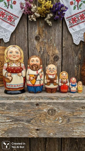 Семейная гармония в русских куклах Матрешка и фольклор. Картинка из нейронной сети NanoBanana