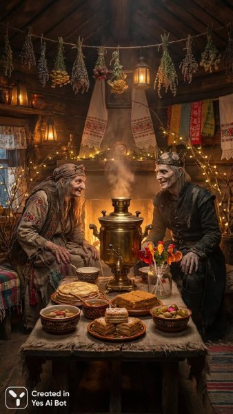 Веселый праздник Бабы Яги и Кощея в уютном доме с самоваром и угощениями. Изображение из нейронной сети Nano-Banana