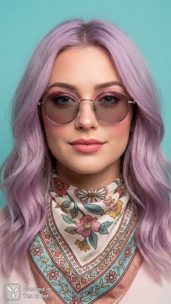 Портрет девушки с фиолетовыми волосами и ярким макияжем в стиле ретро. Изображение из нейросети NanoBanana