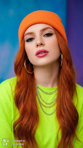 Яркая красота в неоновых тонах: портрет девушки с огненной шевелюрой и дерзким взглядом. Генерация из нейросети Nano Banana