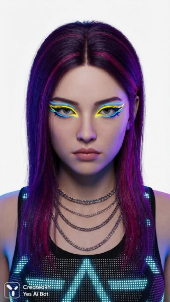Яркий взгляд и смелый образ: портрет девушки с фиолетовыми волосами и желтым макияжем глаз. Картинка из нейронной сети Нано Банана