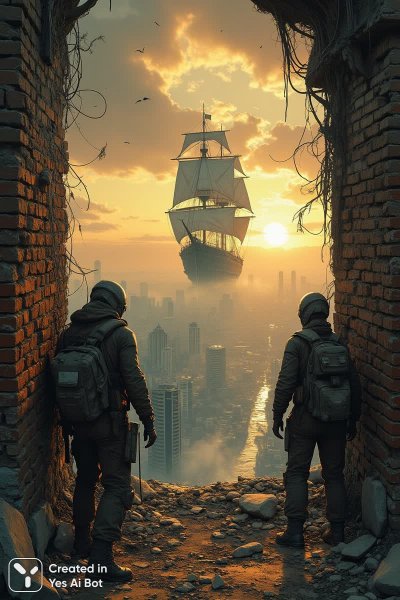Заброшенный город и корабль апокалипсиса: выживание в мире теней. Картинка из нейросети Flux