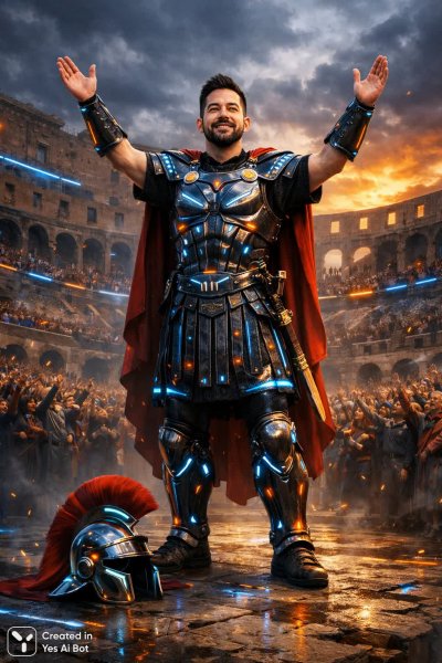 Легионер и футуризм: приветствие в Колизее от Майка Шиноды. Генерация из нейросети Sora Images