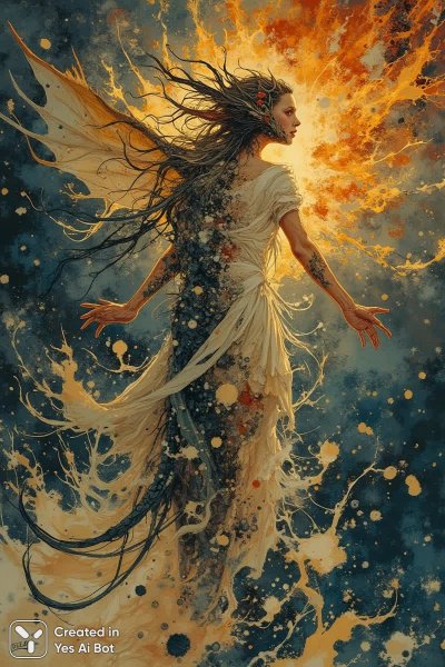 Преображение фэнтезийной девушки в дракона: сверхновая и готика. Изображение из нейронной сети Flux Ai