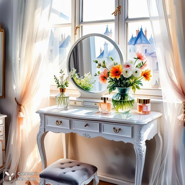 Утренний свет и нежность акварели: интерьер в белых тонах и солнечных бликах. Картинка из нейросети Stable Diffusion