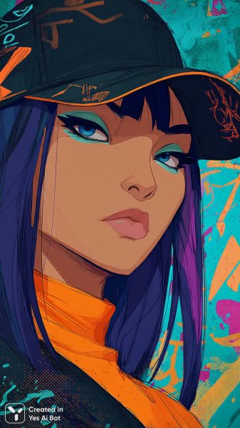 Яркий портрет: фиолетовые волосы и взгляд в будущее. Генерация из нейросети Midjourney