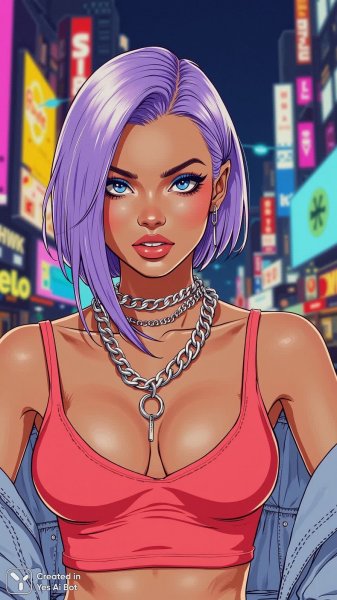 Яркий образ городской дивы: смелый взгляд и неоновое сияние ночного города. Нейросеть Flux Ai