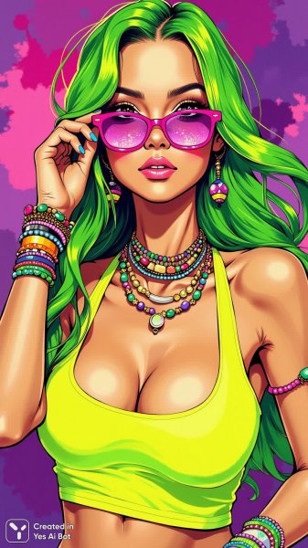 Яркая девушка в неоновых цветах: взгляд и стиль. Картинка из нейронной сети Flux 1