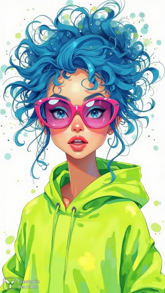 Яркая красотка в неоновом худи и розовых очках: взрыв цвета и настроения. Изображение из нейронной сети Flux