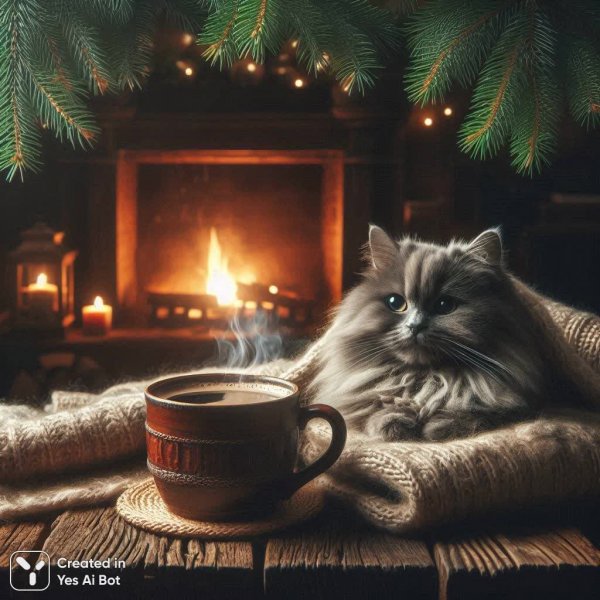 Уютное зимнее утро с серым котом и чашкой кофе у камина. Изображение из нейронной сети Далли 3