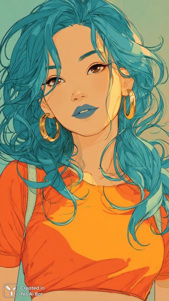 Яркая красота в неоновых тонах: портрет девушки с бирюзовыми волосами и смелым макияжем. Изображение из нейронной сети Миджорни