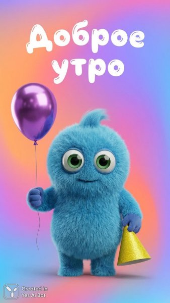 Утреннее волшебство: голубой друг с фиолетовым шариком и праздничной шляпой. Изображение из нейросети Nano-Banana