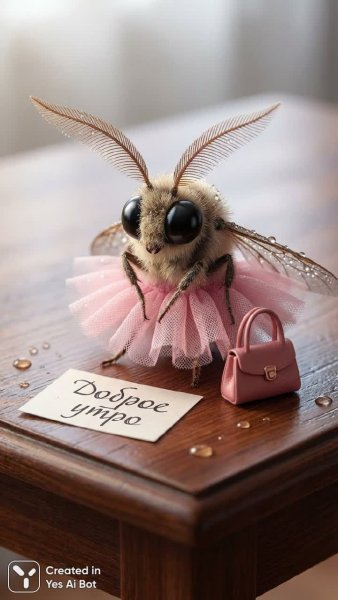 Утреннее очарование: насекомое в розовом платье и с кокетливым аксессуаром. Изображение из нейросети Nano-Banana