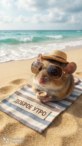 Утреннее настроение мышонка на пляже – отдых и безмятежность в солнечный день у океана. Нейросеть NanoBanana