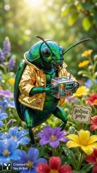 Золотой жучок в сказочном саду с технологичным секретом. Генерация из нейросети Nano-Banana