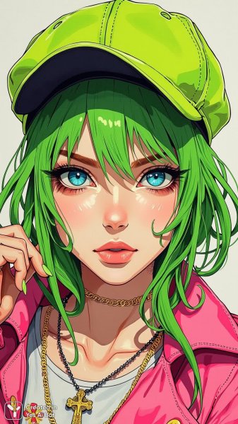 Яркая красотка в неоновых тонах: дерзкий портрет с зелеными волосами и голубыми глазами. Генерация из нейросети Flux 1