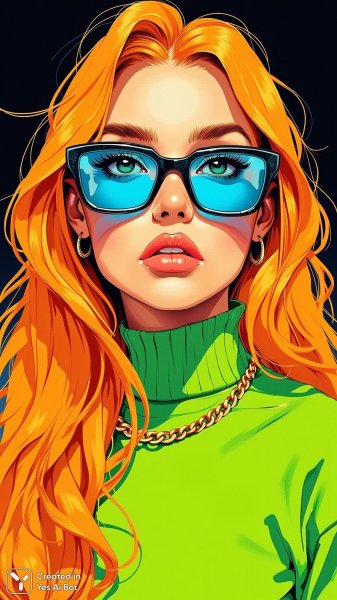 Яркая красотка в неоновых тонах и дерзком взгляде: портрет современной девушки с огненными волосами. Изображение из нейросети Flux