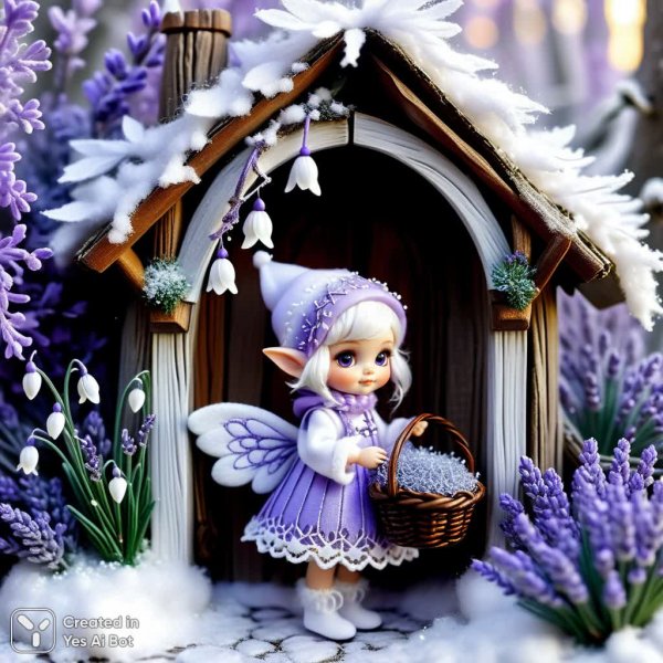 Микромир зимней сказки: пушистый эльф с лавандой в хрустальном лесу. Генерация из нейронной сети Stable Diffusion