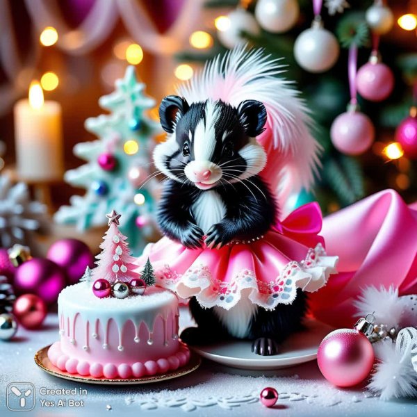 Рождественская сказка о пушистом скненке в кружевном платье и розовых украшениях. Генерация из нейронной сети Стейбл Дифьюжн