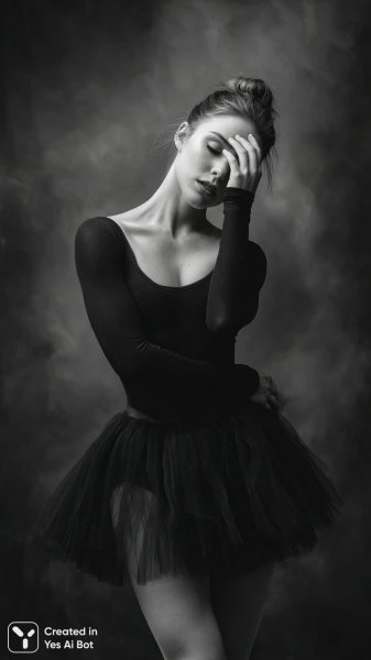 Балерина в черно-белом свете: драматичный момент и глубокий взгляд. Изображение из нейросети Midjourney