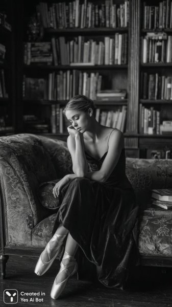 Балерина в зеленом платье: ностальгия и тихая задумчивость в старинной библиотеке. Нейронная сеть Midjourney