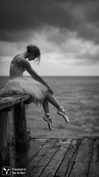 Балерина на пирсе: хрупкость и надежда перед бурей. Картинка из нейронной сети Midjourney