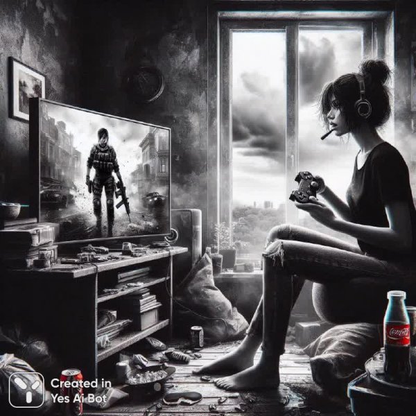 Геймерша в мрачной квартире: контраст виртуальности и реальности за окном. Картинка из нейросети Dalle 3