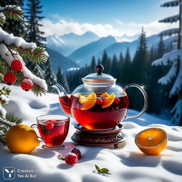 Зимняя сказка с ароматным фруктовым чаем у подножия гор. Картинка из нейросети Stable Diffusion