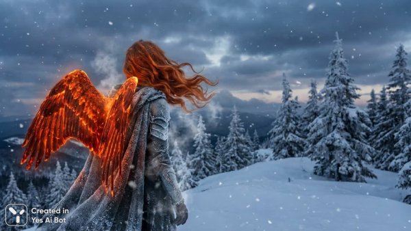 Взгляд феникса: пламя и зимний пейзаж. Генерация из нейронной сети Nano Banana