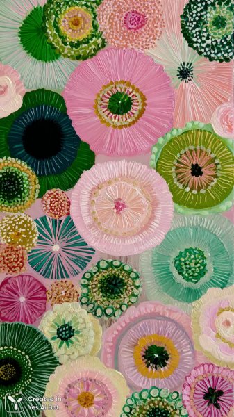 Яркая коллекция наивного искусства: цветы и круги в нежных тонах. Картинка из нейронной сети Midjourney