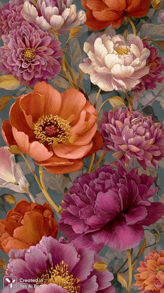 Веселый рисунок: крупные цветы с уникальным узором в пурпурных, оранжевых и белых тонах. Генерация из нейронной сети Midjourney