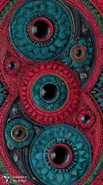 Яркие круги в стиле наивного искусства и народной графики с геометрическими полосами. Нейронная сеть Миджорни