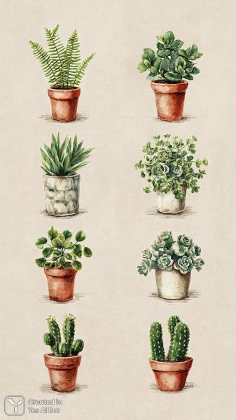 Девять растений в горшках: игривая коллекция акварельных иллюстраций. Изображение из нейросети Midjourney