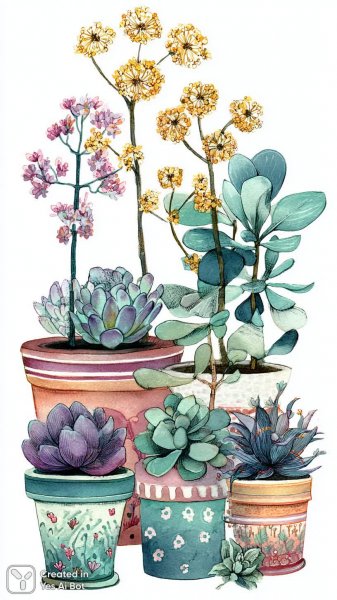 Растения в горшочках: игривая коллекция в стиле Zentangle и фолк-арт. Картинка из нейронной сети Midjourney