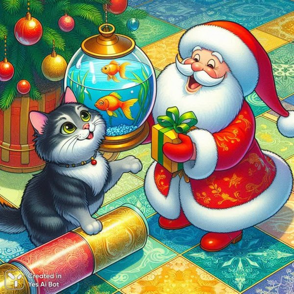Кот, Святой Николай и золотая рыбка: Новогодняя фантазия с сюрпризом. Нейросеть Dalle