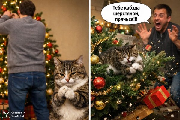 Кот-хулиган и новогодняя елка: пушистый хаос праздника. Изображение из нейросети Sora Image