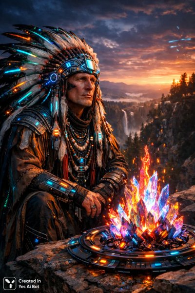 Вождь племени: традиция и футуристический свет в древнем лесу. Генерация из нейронной сети Sora Image