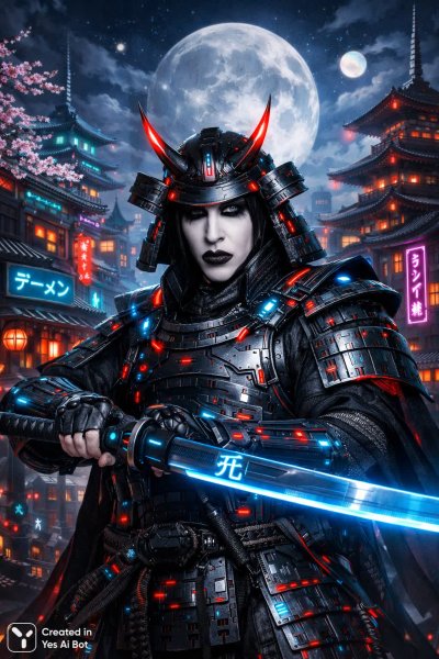 Неоновый самурай: Слияние древности и будущего в Японии. Изображение из нейросети Sora