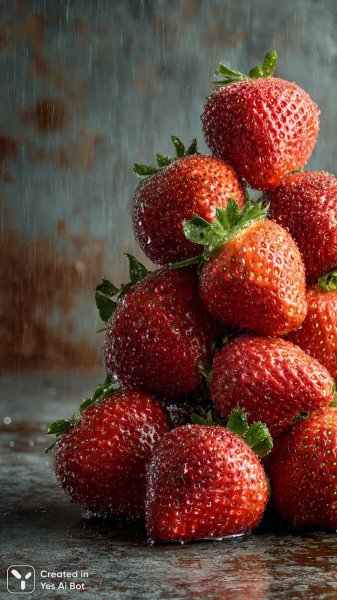 Красное изобилие: клубника в капельках росы на дереве. Картинка из нейронной сети Миджорни