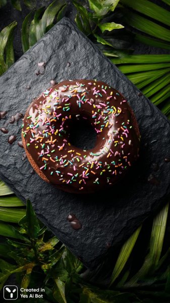 Изысканный шоколадный пончик с яркими посыпками и глубоким зеленым фоном. Картинка из нейронной сети Миджорни