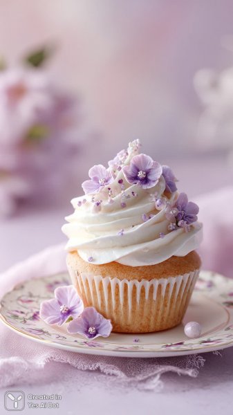 Нежный лавандовый капкейк с кремовой глазурью и съедобными цветами на белоснежной тарелке. Изображение из нейронной сети Midjourney